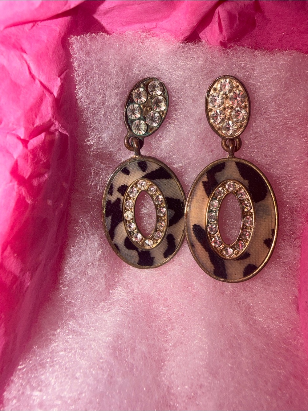 Boutique Leopard Print Oval Drop Earrings with Crystal Center - Brown